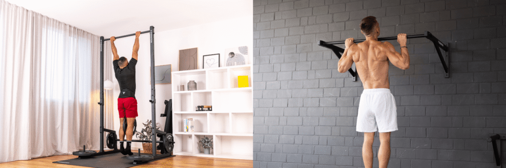 GORNATION athletes performing a pull up on a Wallmounted Pull Up Bar and the Premium Pull Up Station from GORNATION