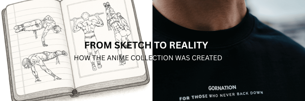 From Sketch to reality – How the anime collection was created Notebook with drawings from the new GORNATION anime collection and GORNATION athlete wearing an anime T-Shirt