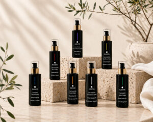 Kanya nourishing body oils in black glass bottles with gold pumps